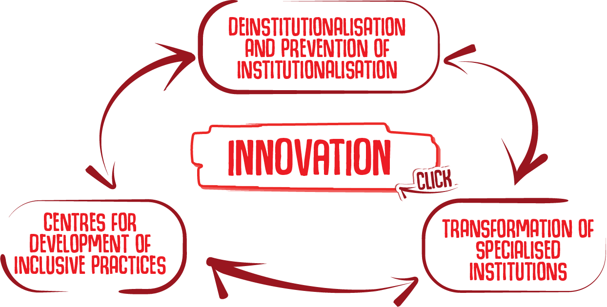 innovation; deinstitutionalisation and prevention of institutionalisation; transformation of specialised institutions; centres for development of inclusive practices;